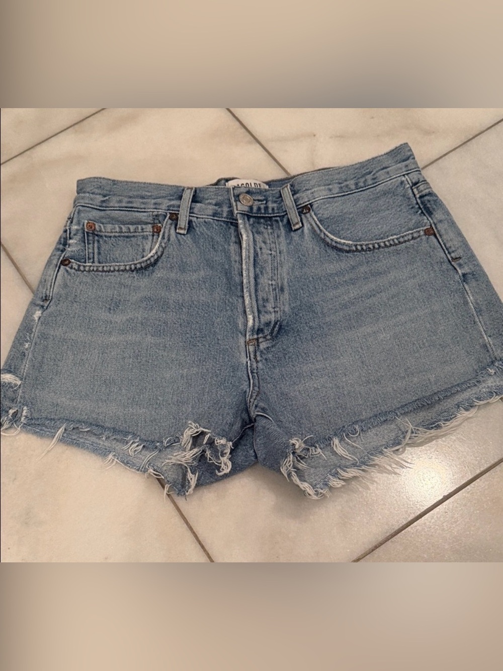 AGOLDE Light Blue Frayed Hem Parker Denim Shorts Size 26